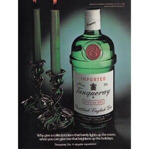 Vintage Tanqueray Gin Print Ad 1982 Distilled English Gin Christmas Bar Decor